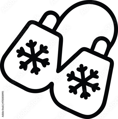 Simple line drawing of two mittens with snowflakes