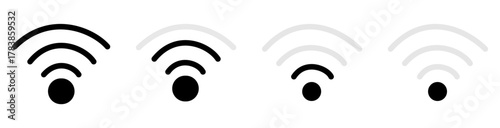  Icon wifi signal. Wireless internet symbol. Set of sign for connect of network. Bar of satellites for mobile, radio, computer. Hotspot, strength electronic wave from antenna for communication. Vector