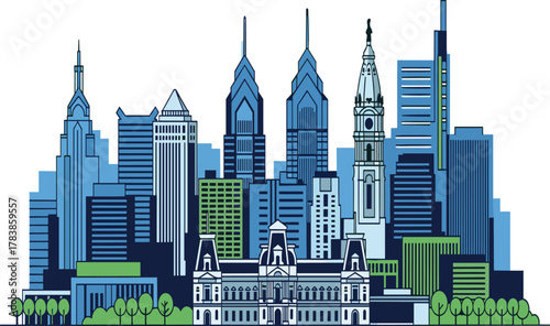 Philadelphia skyline illustration, Liberty Place towers, Comcast Technology Center, historic City Hall, urban architecture, modern skyscrapers, cultural landmark artwork, 
