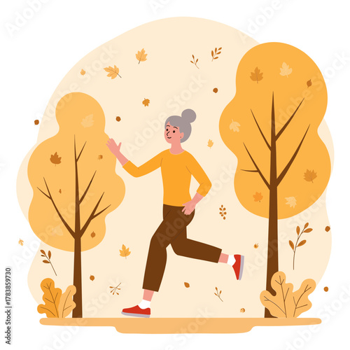 Senior woman jogging outdoors. Elderly lady on a morning run. Active older woman exercising by walking/jogging. Senior woman on morning. Elderly set