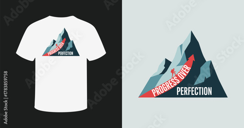 Progress over perfection t-shirt design with a mountain graphic and climbing person for success motivation