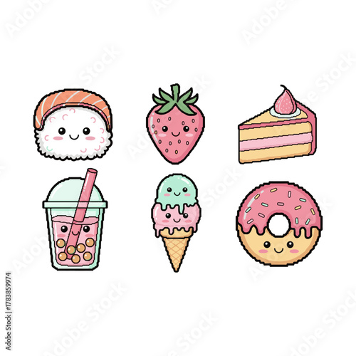 A cute collection of kawaii cartoon food and drink icons, including sushi, strawberry, cake, boba tea, ice cream, and a donut.