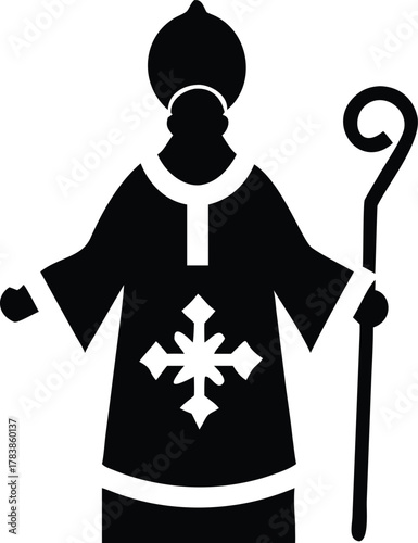 Silhouette of a bishop in full regalia holding a crozier staff