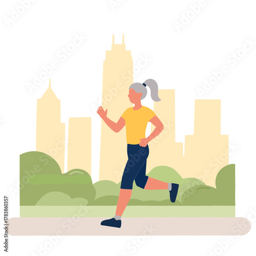 Senior woman jogging outdoors. Elderly lady on a morning run. Active older woman exercising by walking/jogging. Senior woman on morning. Elderly set