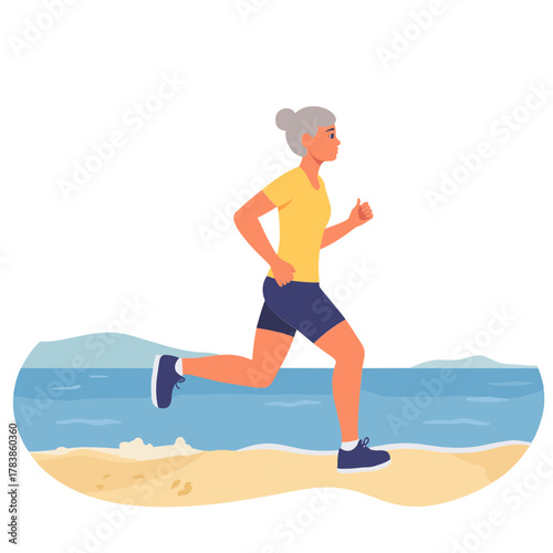 Senior woman jogging outdoors. Elderly lady on a morning run. Active older woman exercising by walking/jogging. Senior woman on morning. Elderly set