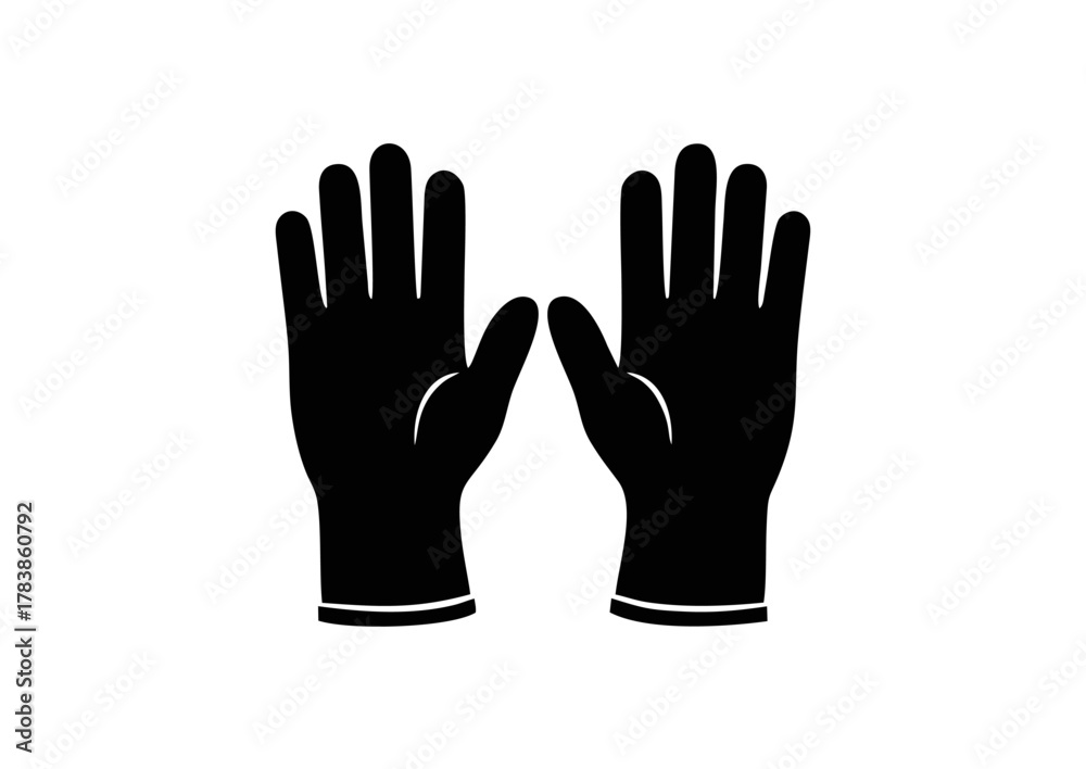 Obraz premium Minimal black vector illustration of safety gloves icon, isolated on white background, ideal for construction, cleaning, healthcare, and protective equipment themes.