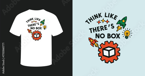 Think like there is no box creative problem solving t-shirt design featuring rockets lightbulb and gear with a cube