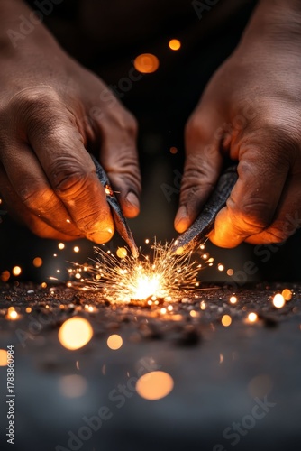 Skilled hands create sparks while welding metal in a workshop during daylight hours