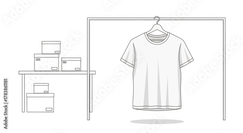 Vector outline illustration of a plain white t-shirt on a hanger with stacked boxes, symbolizing retail, e-commerce, and apparel logistics for clothing businesses