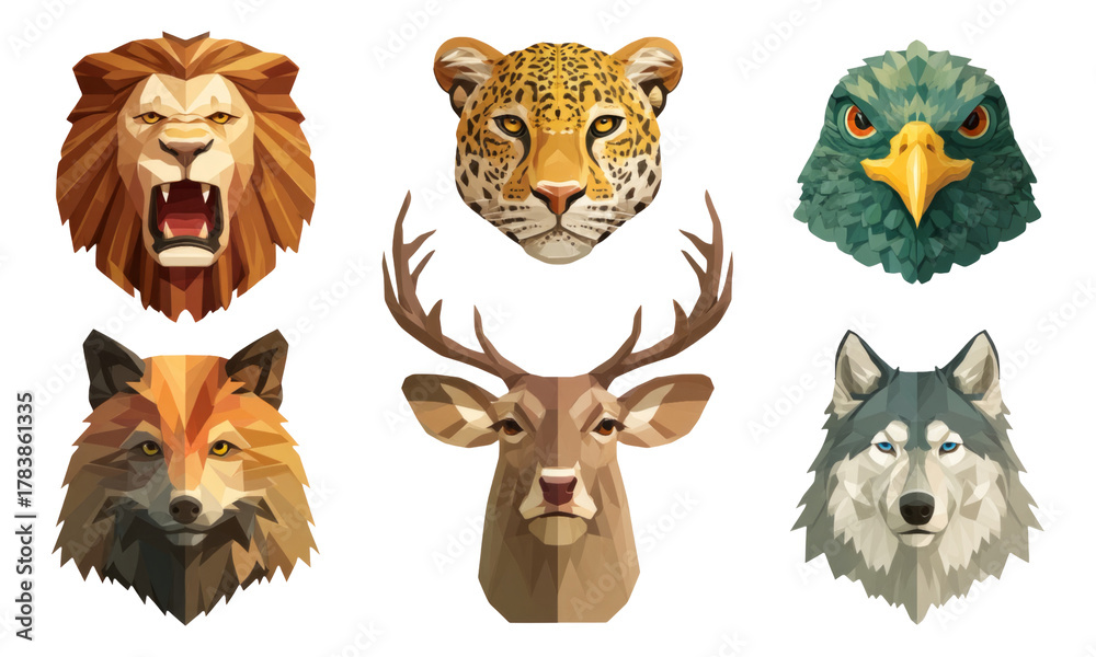 Fototapeta premium Low Poly Animal Heads in Vibrant Colors on Isolated Transparent Background