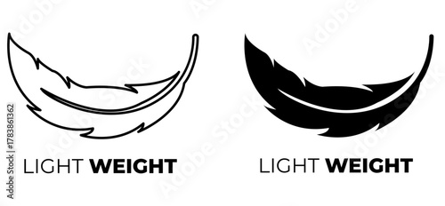 Lightweight feather icon set. Vector illustration of soft feather with text “Light Weight” representing light materials, comfort, softness, easy portability, and minimal weight product design concept.
