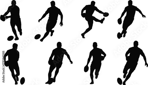 Rugby players silhouette, dynamic action poses, running athlete, passing ball, kicking motion, sports illustration, competition artwork, teamwork concept, vector design, athletic movement
