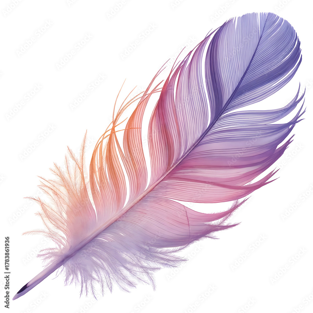 Fototapeta premium Vibrant bird feather showcasing a smooth gradient texture transitioning from warm peach to cool lavender isolated on a transparent background