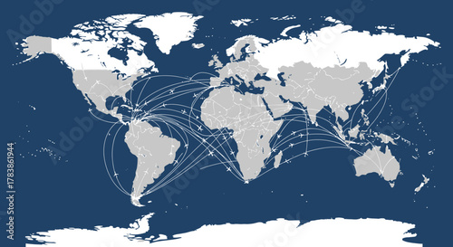 World map illustrating global connectivity with lines linking various continents and countries.