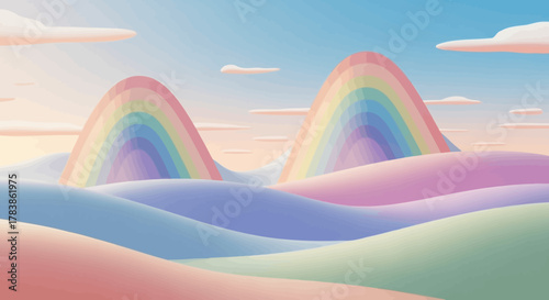Whimsical pastel rainbow mountains rise from soft, rolling hills under a serene sky.