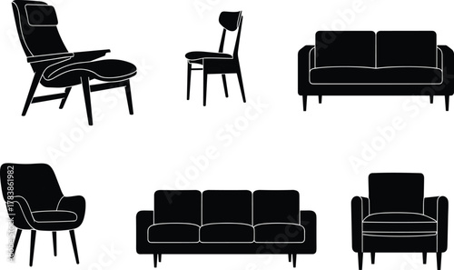 Silhouette furniture collection, modern sofa design, armchair illustration, lounge chair vector, dining chair graphic, interior seating set, contemporary home decor