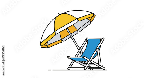 A sunny beach scene featuring a yellow and white umbrella shading a blue folding chair.