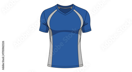 Vector graphic of a contemporary blue and gray short-sleeve athletic t-shirt, suitable for sportswear design, fitness apparel, team uniforms, and active lifestyle promotional materials