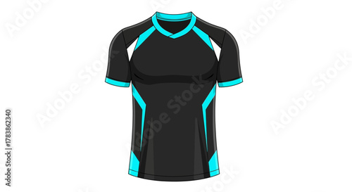 Dynamic black and aqua athletic t-shirt vector illustration, perfect for sportswear, team uniform mockups, activewear apparel design, and fashion concepts for active lifestyles