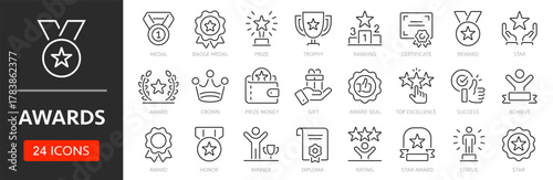 Awards line icon set. Editable Stroke. Reward, trophy, badge, medal - stock vector.