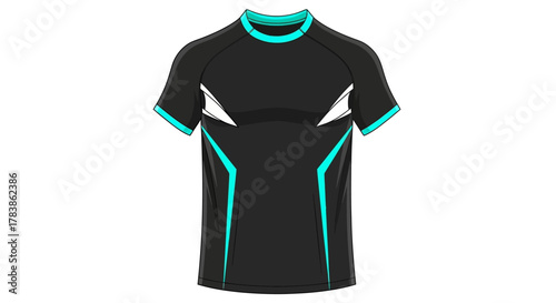Stylish black and teal athletic short-sleeve shirt design for sports and casual wear, featuring modern geometric accents on a plain white background
