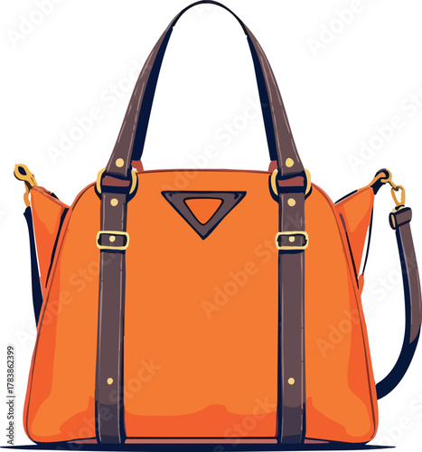 Orange handbag with brown straps and gold hardware vector illustration