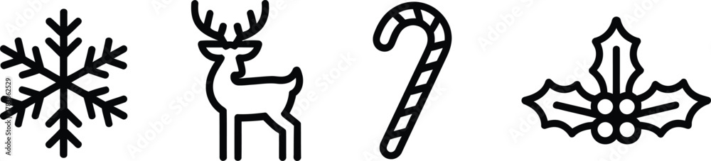 Fototapeta premium Simple line art depicting winter holiday icons snowflake deer candy holly