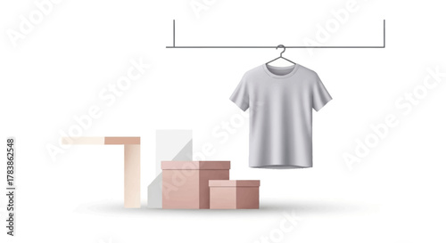 Elegant minimalist product display with a plain white t-shirt mockup on a hanger, accompanied by stylish retail packaging boxes, ideal for modern fashion e-commerce branding
