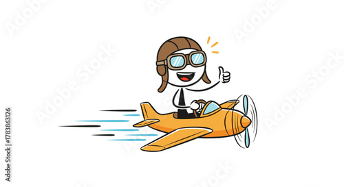 A happy stick figure pilot gives a thumbs up while flying a small airplane.