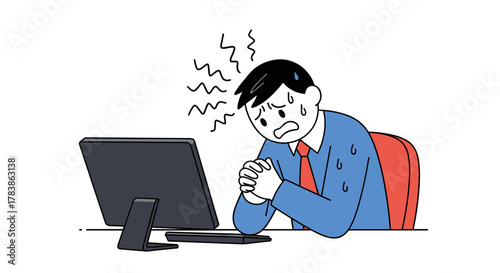 A stressed businessman is sitting in front of a computer screen feeling overwhelmed and anxious.