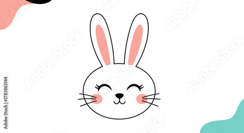 A cute white bunny with pink ears and rosy cheeks smiles happily.