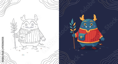 A whimsical cartoon monster with horns and a leafy branch in its paw standing next to a plant.