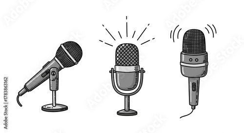 An assortment of classic retro microphone illustrations for audio capture and performance needs.