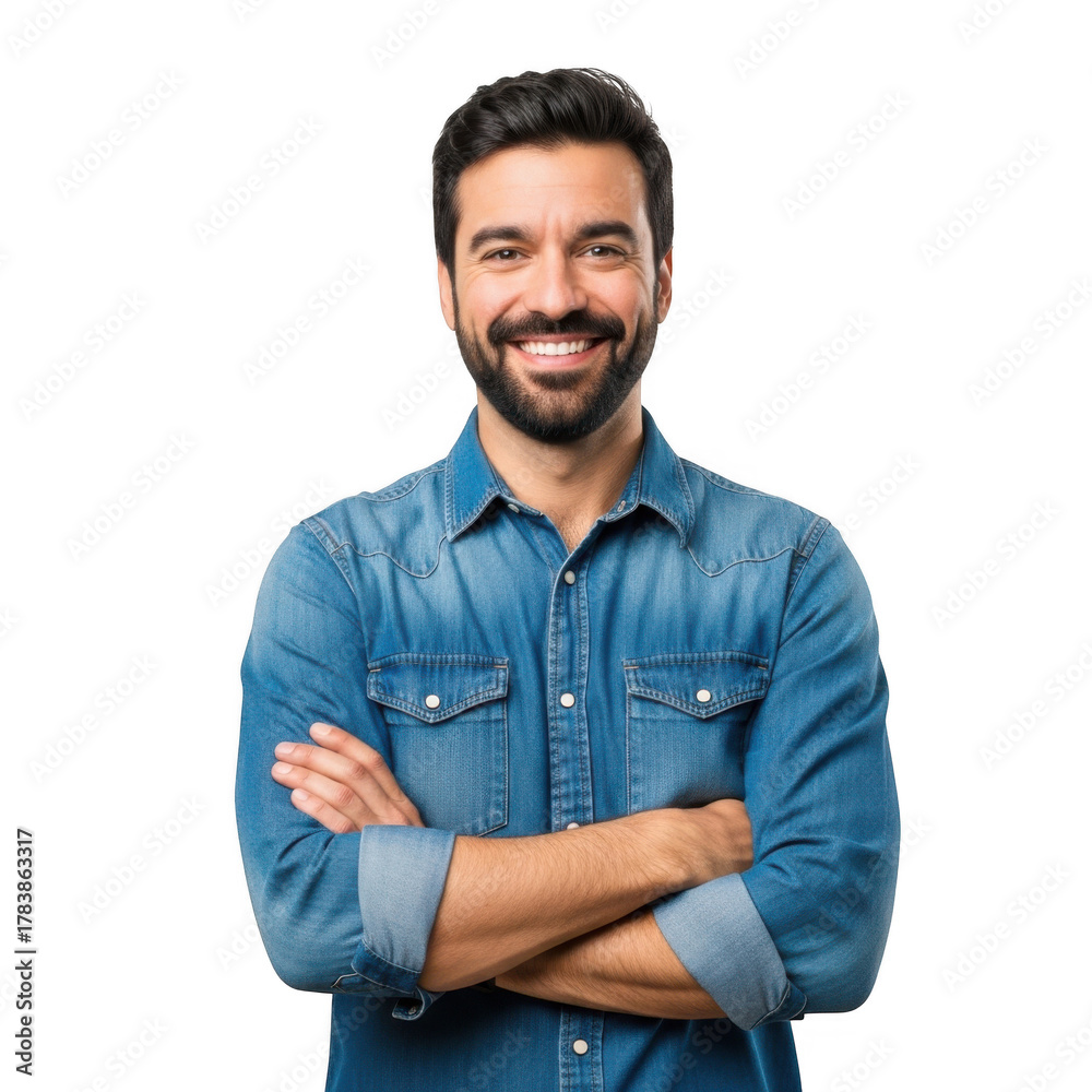 Obraz premium A smiling man with a beard wearing a denim shirt with his arms crossed isolated on transparent background