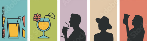 Summer drinks and leisure concept vector art illustration with diverse people enjoying cocktails and relaxing