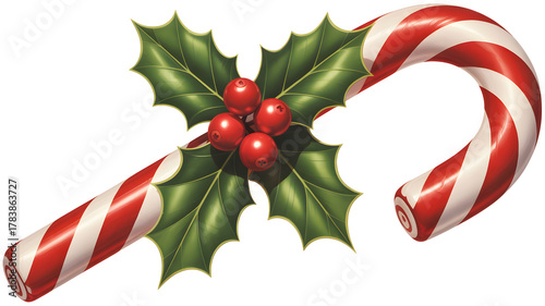 Classic red and white striped candy cane decorated with green holly leaves and red berries isolated on transparent background