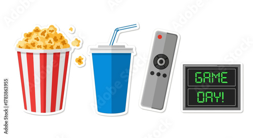 Graphic set of home entertainment essentials for game day or movie night popcorn, drink, remote, 'Game Day!' sign
