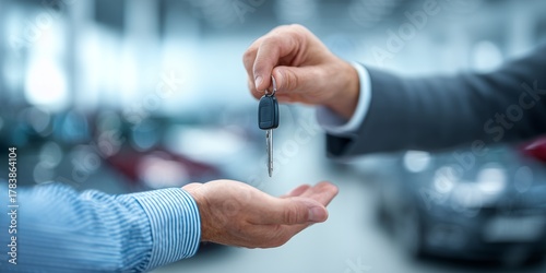 Close-up of dealership manager handing over car keys to a customer in a showroom, concept for vehicle purchase, automotive sales and rental services