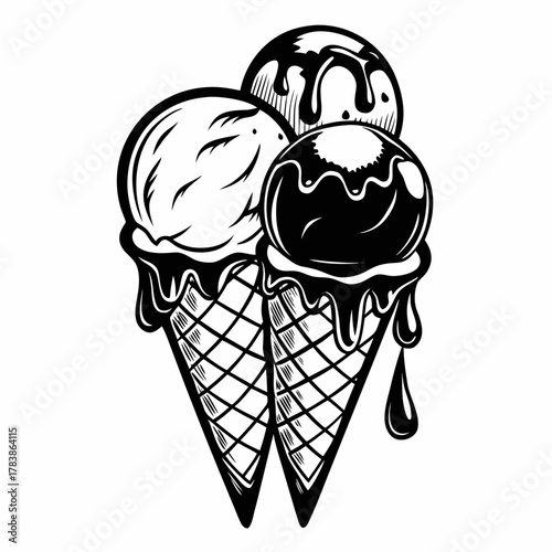 A stylized black and white illustration depicts three ice cream cones. Each cone holds a scoop of ice cream, with melted chocolate dripping down the sides.