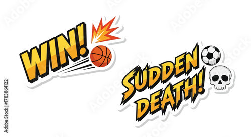 Dynamic vector graphic badges for sports competition outcomes, featuring vibrant 'WIN!' and 'SUDDEN DEATH!' text with iconic game elements and explosive effects