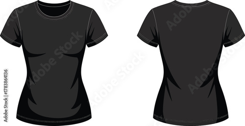 Front and back view of a plain black t-shirt with short sleeves on a white background Keywords: black t shirt, t-shirt, t shirt front, t shirt back