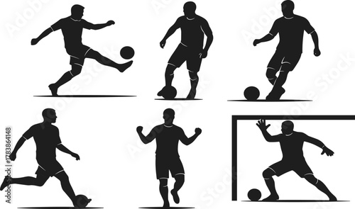 Soccer players silhouette illustration, goalkeeper action vector, football athletes with ball, dynamic sports movement design, teamwork competition art, athletic icons set