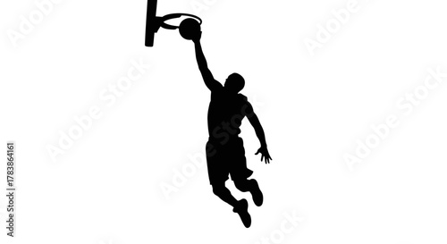 Dynamic silhouette illustration of a basketball player performing an impressive slam dunk. This graphic perfectly captures powerful athletic motion and energy of the sport