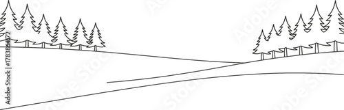 Simple black and white illustration of trees and a winding path