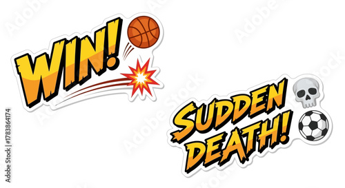 Energetic pop art graphics illustrating thrilling sports moments, featuring victory celebrations and intense sudden death outcomes for competitive events