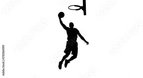 Dynamic silhouette of a basketball player performing a powerful slam dunk, capturing the athletic motion and energy of the sport against a clean, minimalist background