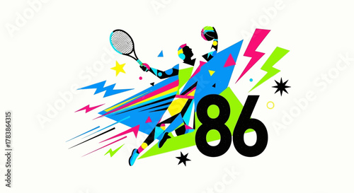 Dynamic abstract tennis player illustration with vibrant geometric shapes, lightning bolts, and stars, symbolizing energy, speed, and modern athletic competition in a striking graphic design