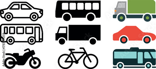 Variety of Transportation Icons Depicting Different Vehicles like Cars Bikes and Trucks for Design Projects