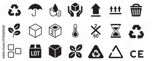 Essential packaging and shipping symbols for eco-friendly businesses, handling instructions, and safety compliance guidelines for product labels