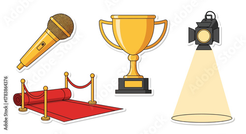 Glamorous Entertainment Award Ceremony Elements Golden Trophy, Microphone, Red Carpet, and Spotlight Stickers Set for Recognition and Success in Show Business